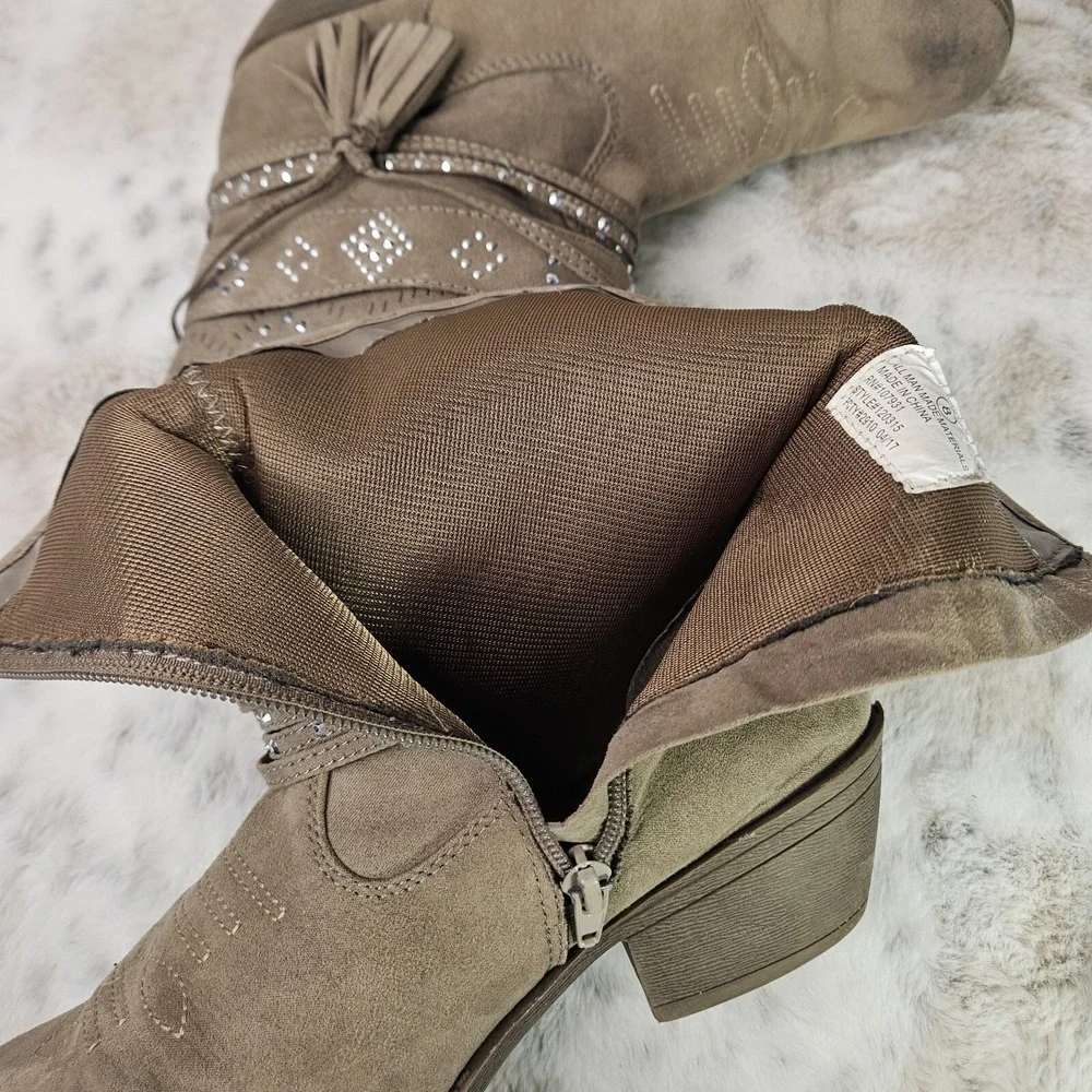Justice Teen Girls Western Boots Size 8 Brown Tassels Bling Stitching Zip Close